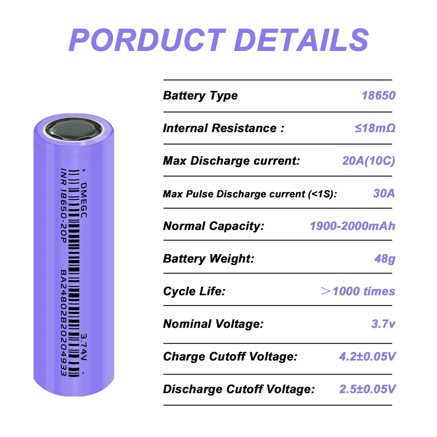 Batería recargable litio INR18650 2000mAh – 20A descarga para drones - imagen 3