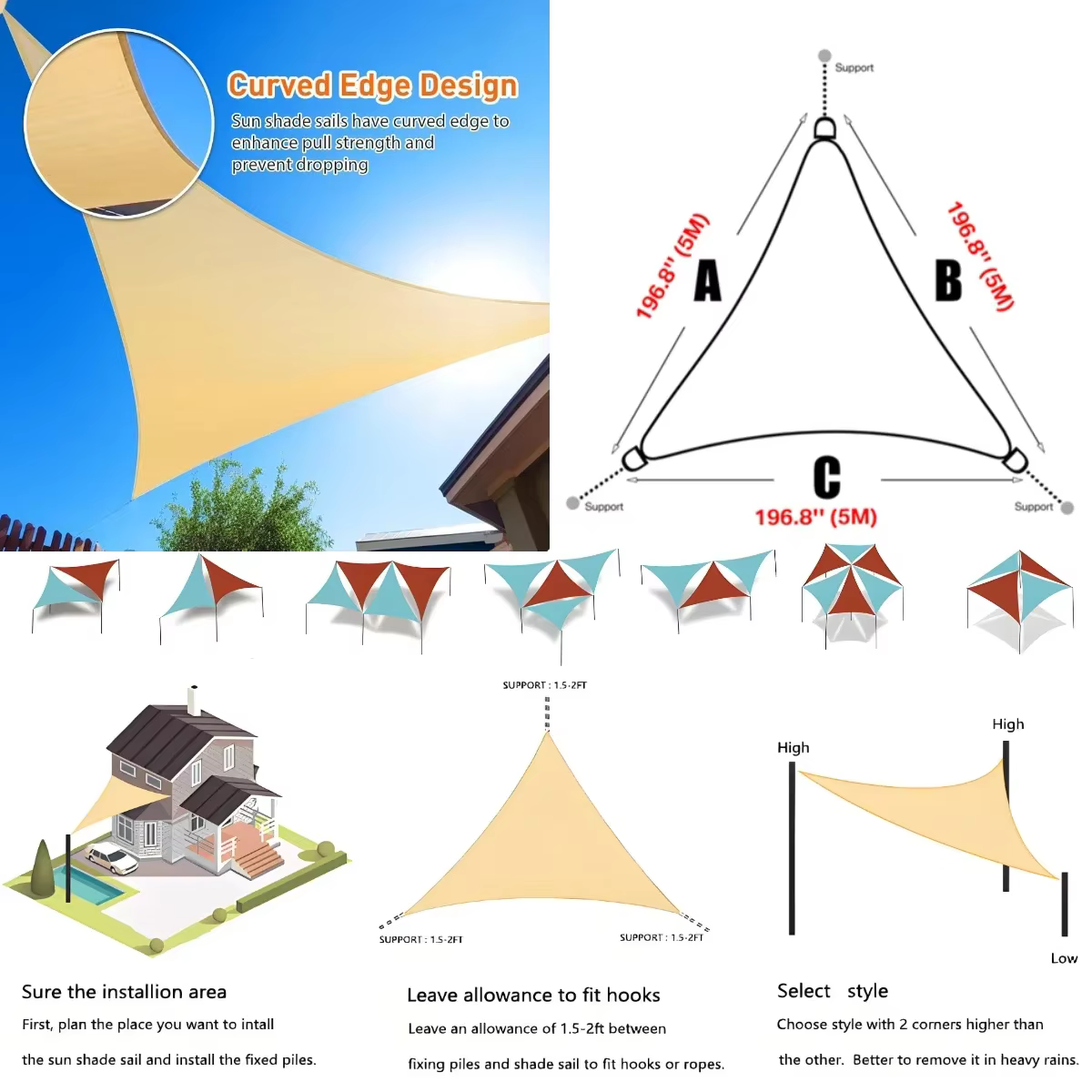 Toldo triangular UV para patio y jardín – Vela parasol con cuerda - imagen 5