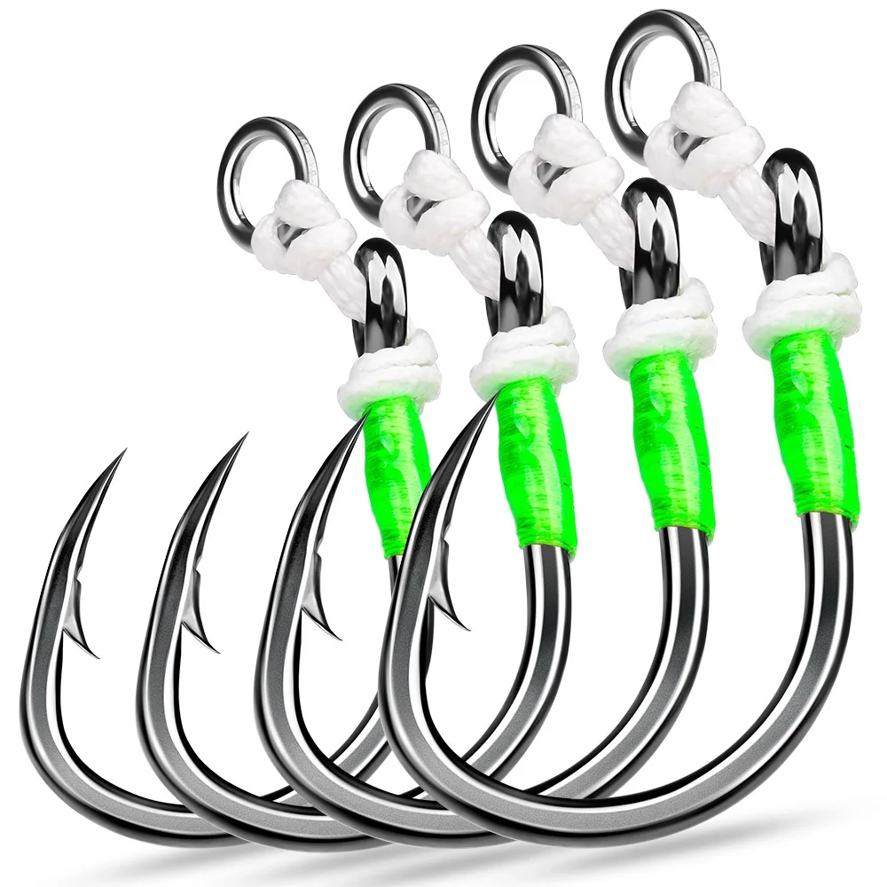 Anzuelos de pesca con captura de peces grandes de aguas profundas, anzuelos asistidos de acero rico en carbono con plumas, tamaño 5/0 6/0 8/0 10/0, anzuelos gigantes