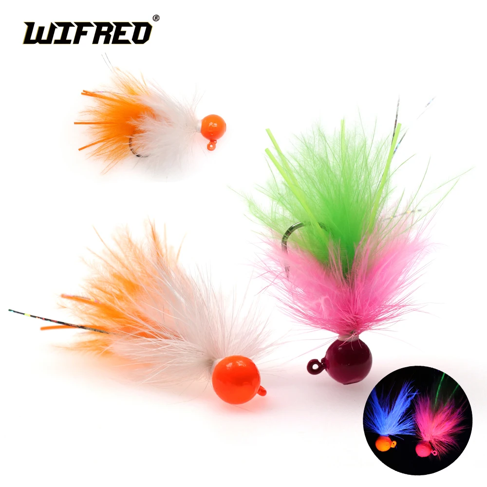 WIFREO 4pcs Weighted Metal Jig Hook Bugger Bait Mini Marabou Crappie Jig Pan Fish Ice Jig Fly Winter Ice Fishing Lure Fast Sink