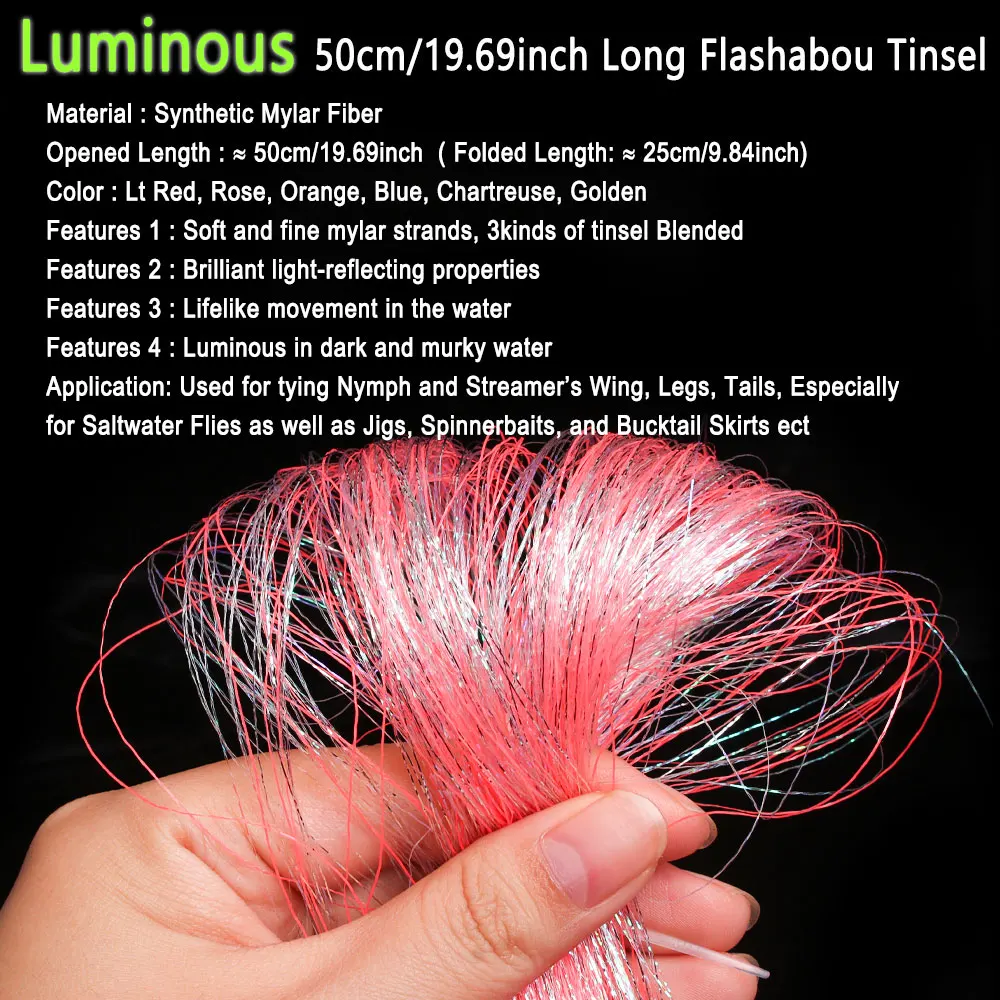 Bimoo, paquete de 2 50cm/19,69 pulgadas de largo, oropel Flashabou luminoso, Material para atado de moscas, serpentina, señuelo de pesca en el mar, faldas con cola de pez - imagen 3