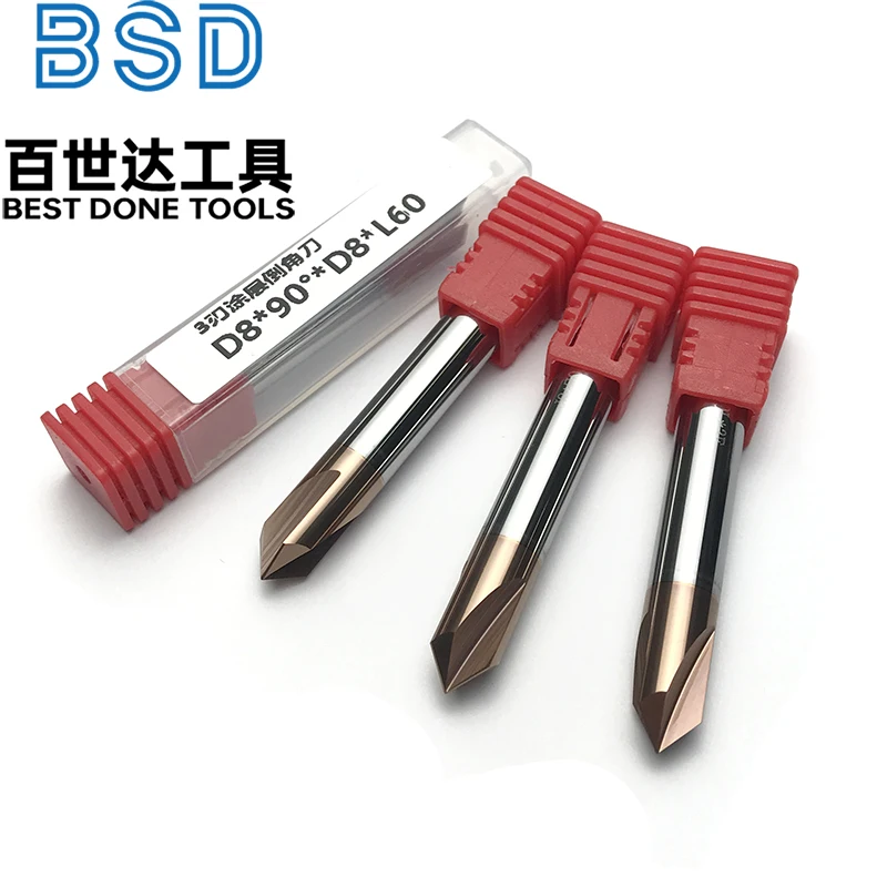 D8XL60 Fresa de chaflán de carburo HSS recubierta de titanio de 3 flautas 90 °   Fresas de extremo de biselado para acero, aluminio, metal, Wo