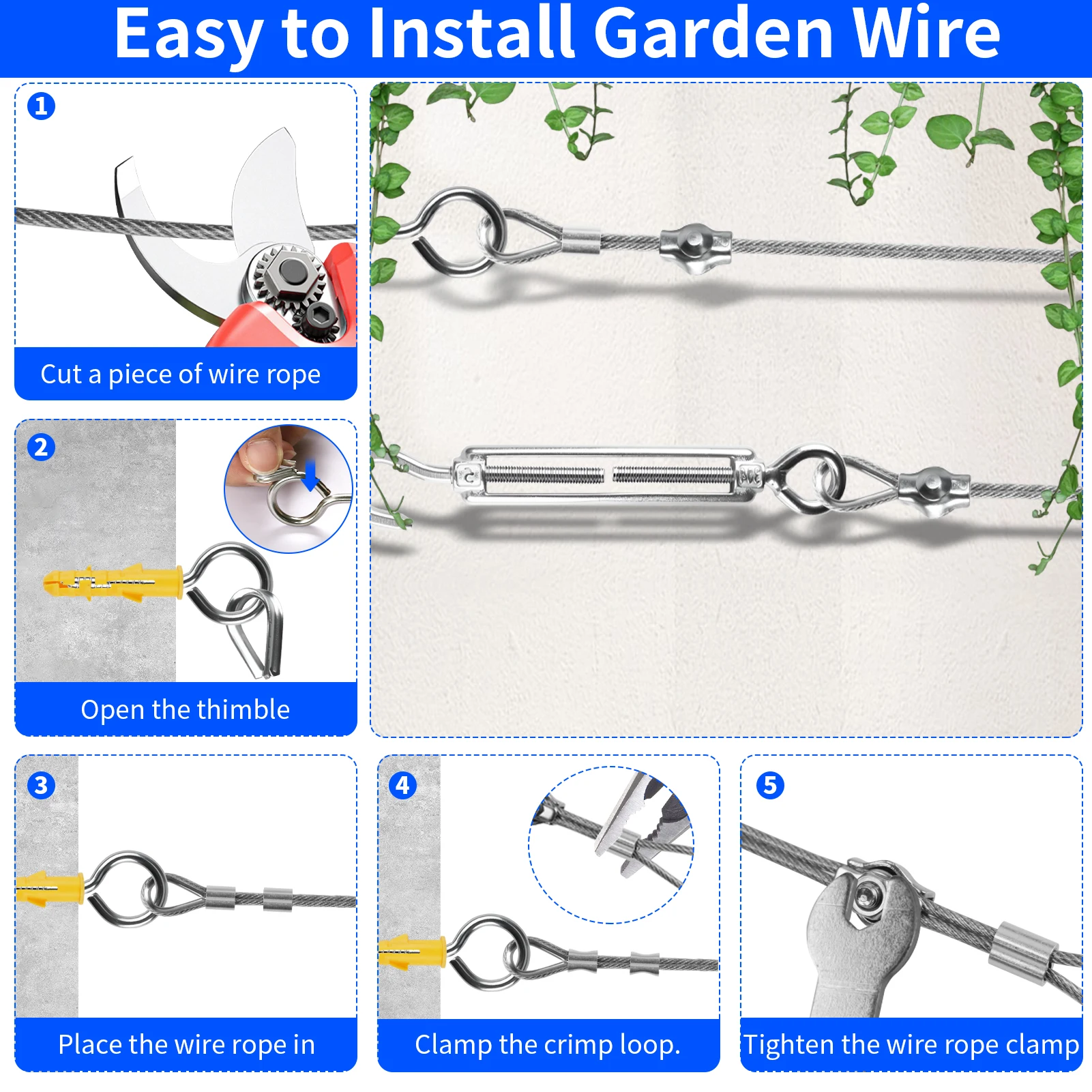 Kit de cuerda de alambre de acero inoxidable, Cable de cuerda de alambre para refugio, tensores M4, Kit de tensor de alambre recubierto de PVC, cuerdas para tienda de campaña y jardín - imagen 4