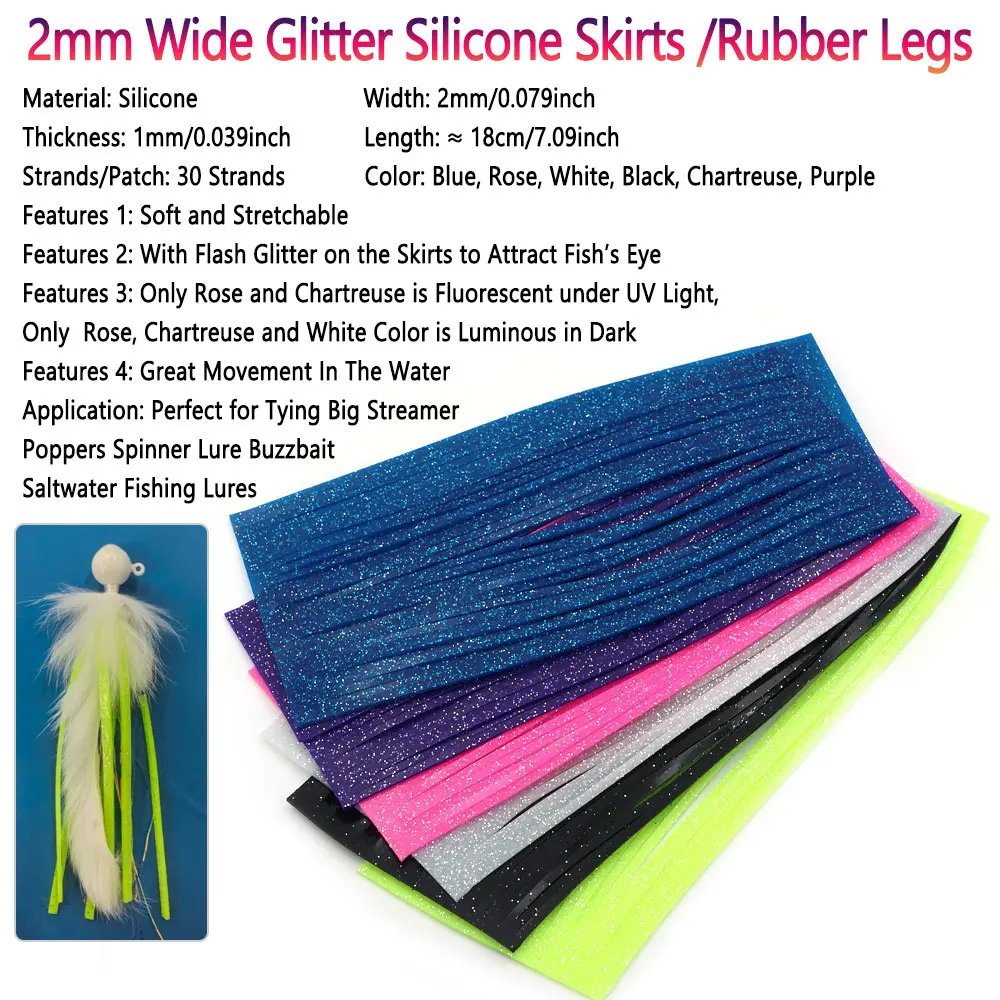 Faldas de silicona con purpurina, 1 unidad, 2mm de ancho, piernas de goma, Streamer Spinner, señuelo para remolque, Buzzbait Poppers, señuelos de plantilla, señuelo de pesca de mar - imagen 3