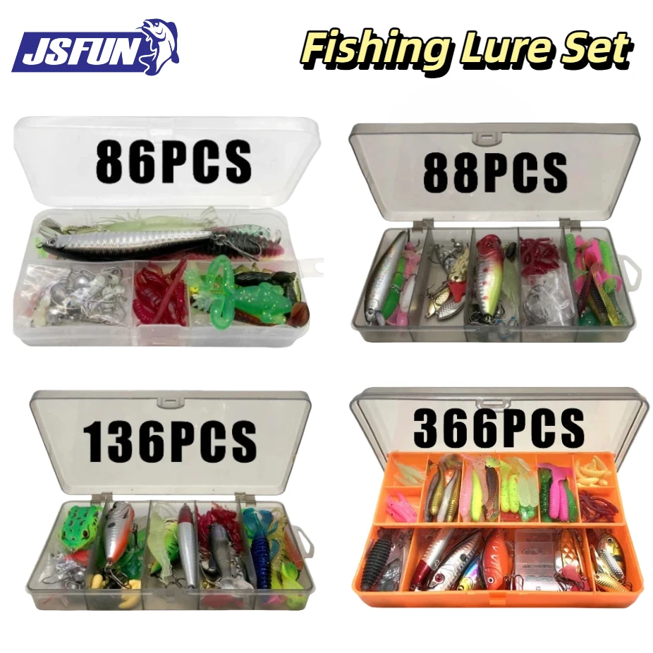 JSFUN 86/88/136/366 Uds Kit de Señuelos de Pesca para trucha/pike/bajo juego de pesca multiseñuelo aparejos en capas caja de aparejos de equipo profesional