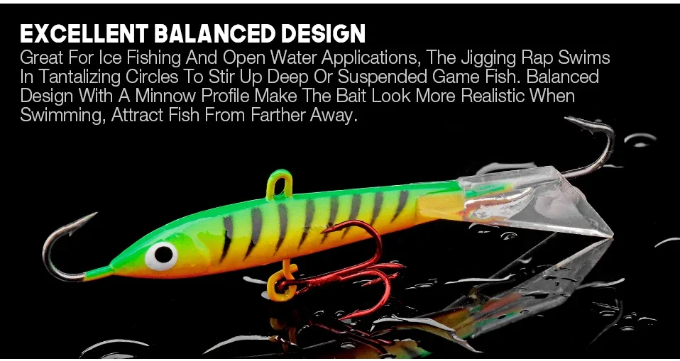 Experimente la emoción de la pesca con nuestro vibrante cebo realista diseñado para aplicaciones de hielo y aguas abiertas