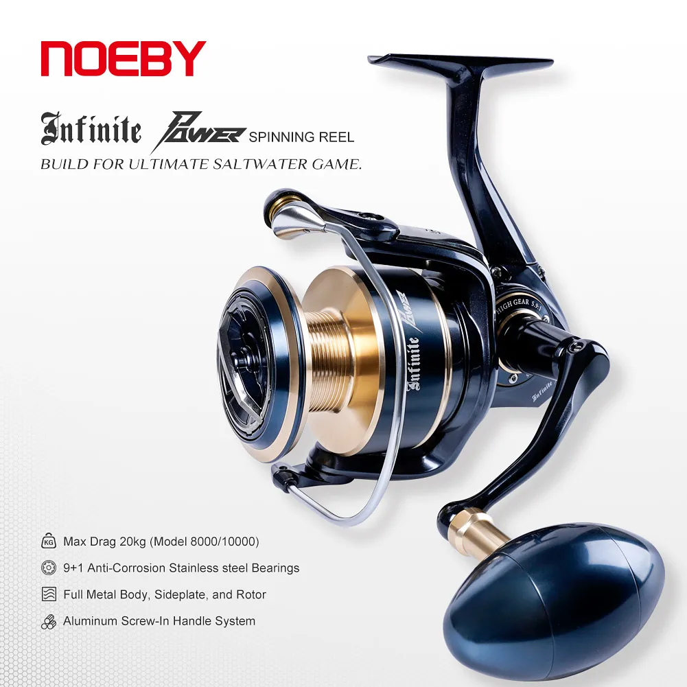 Carrete de pesca giratorio Noeby Infinite Power 5000H 8000H 10000H arrastre máximo de aluminio 20kg carretes de pesca de agua salada con cuerpo totalmente metálico