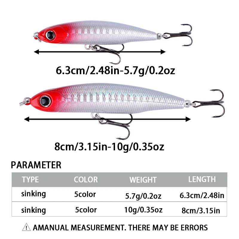 5 uds lápiz que se hunde señuelo de Pesca Wobblers Mini plantilla de cebo duro de Metal Artificial ojos 3D Pesca aparejos de Pesca de trucha - imagen 2