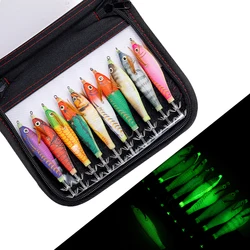 10 unids/set luminoso Horizontal calamar Jig madera camarones calamar gancho afilado señuelos pulpo sepia camarones cebos de agua salada