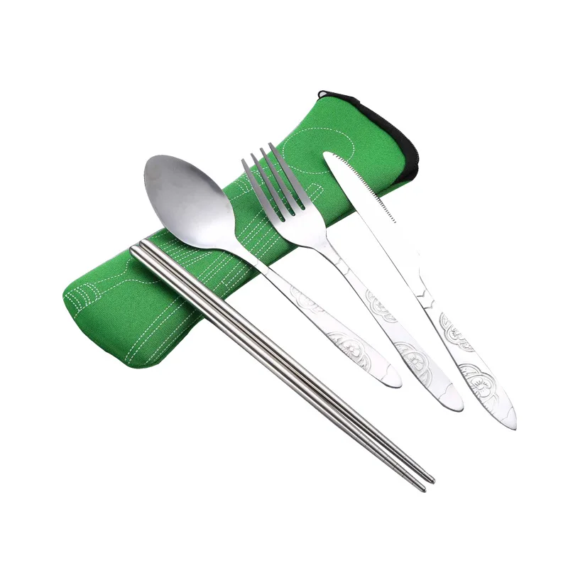 7 unids/set de vajilla de acero inoxidable, bolsa de tela portátil para exteriores, cuchillo, tenedor, cuchara, palillos, paja, flores ricas, siete juegos - imagen 3