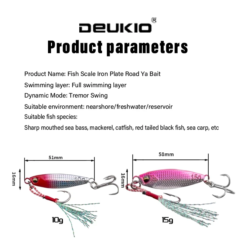 DEUKIO Luya placa de hierro señuelo de pesca de mar cebo biónico de Metal 10g/15g anzuelos dobles cebo de pesca falso luminoso plantilla de Metal - imagen 2