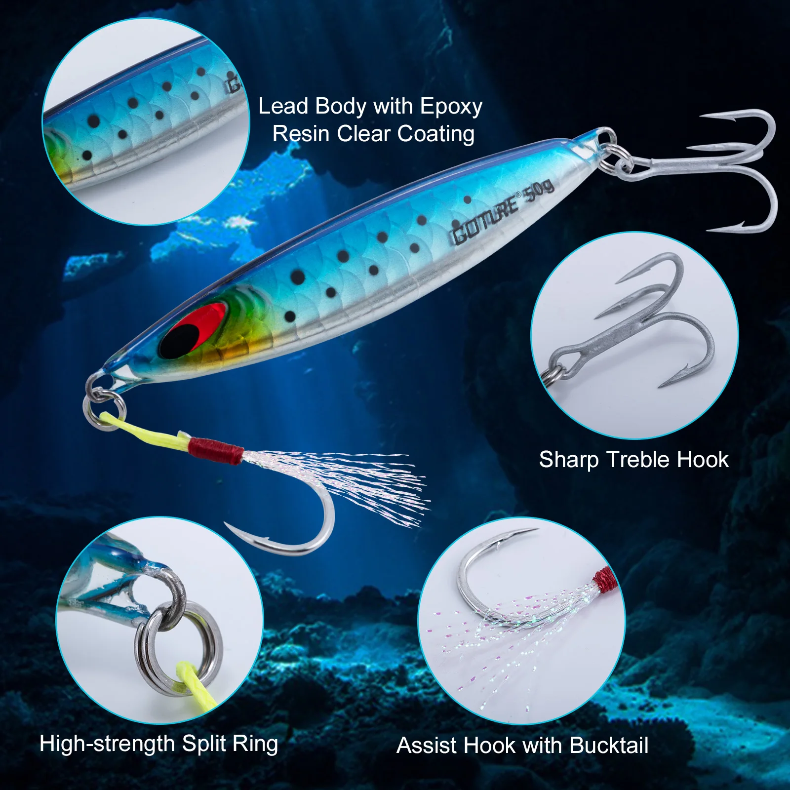 Goture-señuelo de Metal para agua salada, 5 uds., 40g, 50g, 60g, hundimiento lento, Jigging, señuelo de pesca, cuchara, cebo Artificial fundido de mar, aparejos con caja - imagen 4