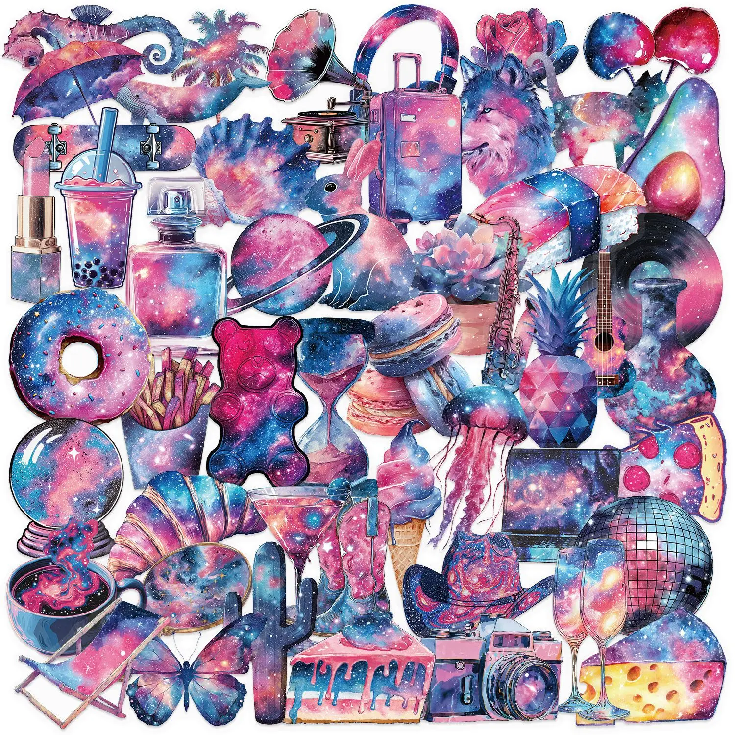 50 Uds. De pegatinas transparentes para mascotas, artículos de cielo estrellado, rosa y azul, álbum de recortes, teléfono, guitarra, maleta para portátil, calcomanías impermeables, juguetes