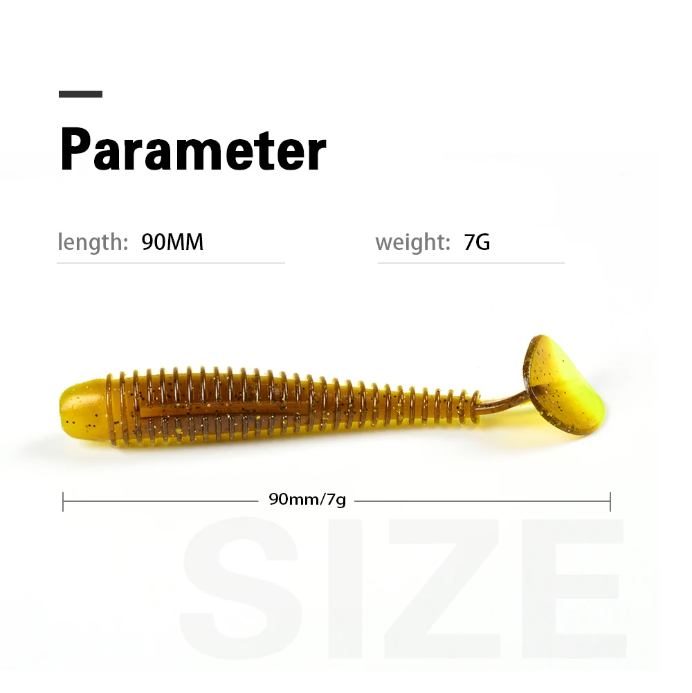 TOLU-señuelo de Pesca suave t-tail, cebo de silicona, 6 colores, 90mm, 7g, 6 unids/lote por paquete - imagen 3