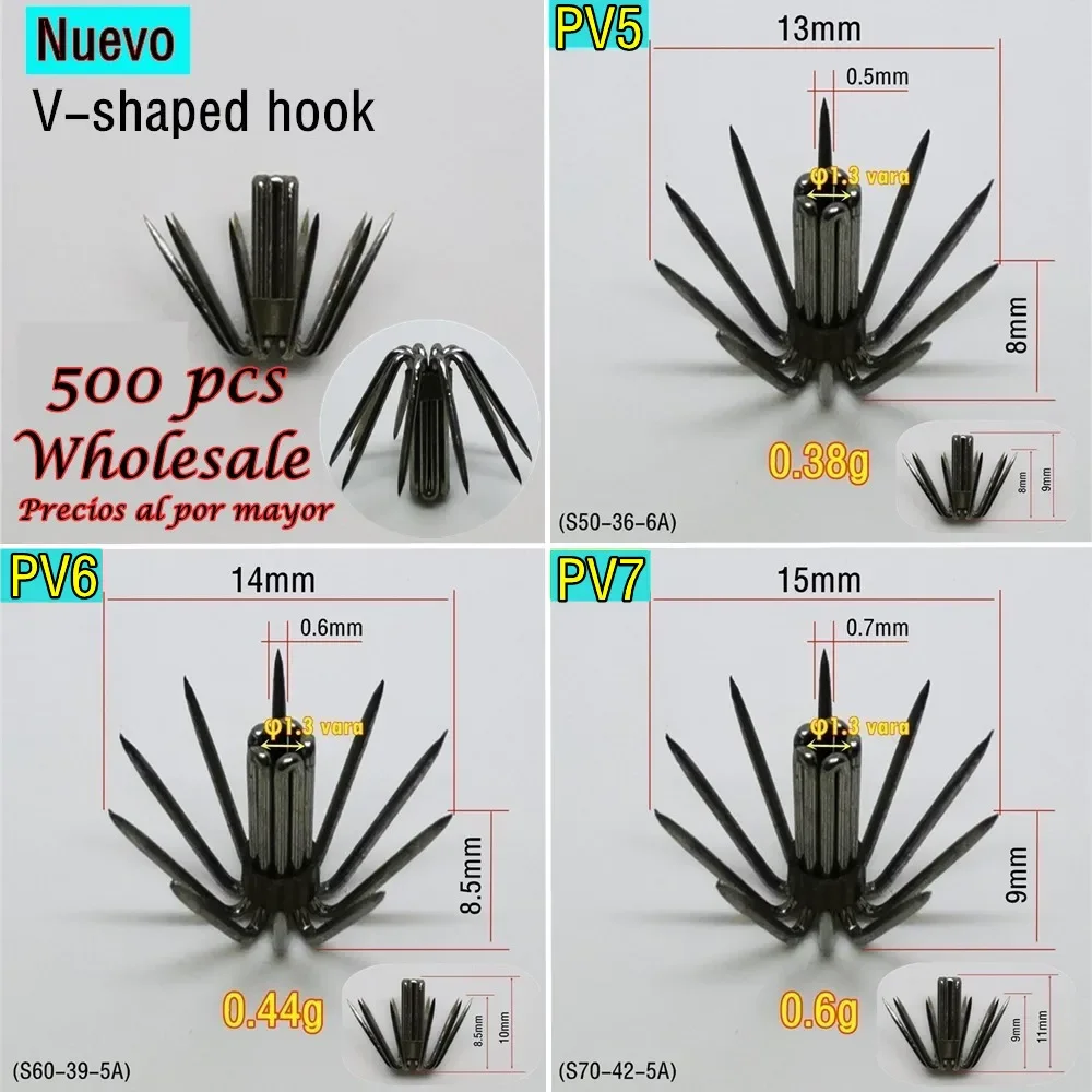Anzuelo de calamar cónico de estilo japonés PV, anzuelo de calamar pequeño triangular de acero inoxidable, accesorios de cebo de pesca, venta al por mayor, 500 piezas
