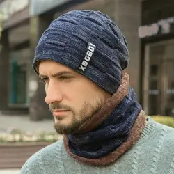 Gorro de invierno a la moda para hombre, conjunto de bufanda, forro polar grueso, gorro de punto cálido, bufanda, calentador de cuello, gorro