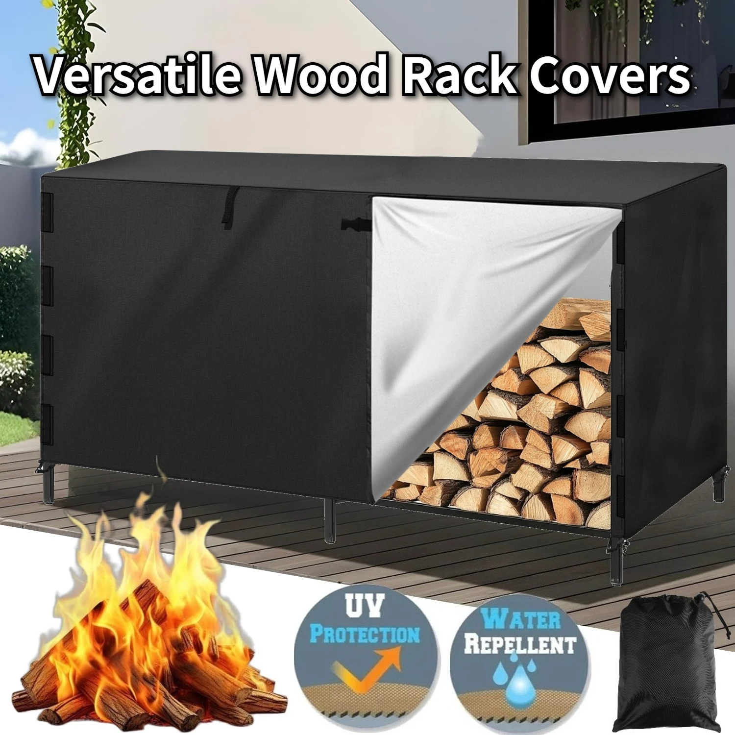 Funda para Leñero de Exterior con Bolsa de Almacenamiento, Tela Resistente e Impermeable para Leñero, Chimenea, Fogatas, Cubierta para Almacenamiento de Leña