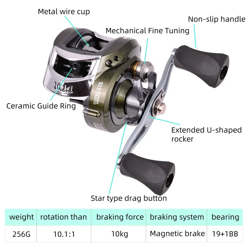 Aorace-carrete de Metal para Baitcasting, accesorio de arrastre máximo de 10kg, relación de engranaje de alta velocidad 10,1: 1, para pesca en agua salada y dulce - imagen 4