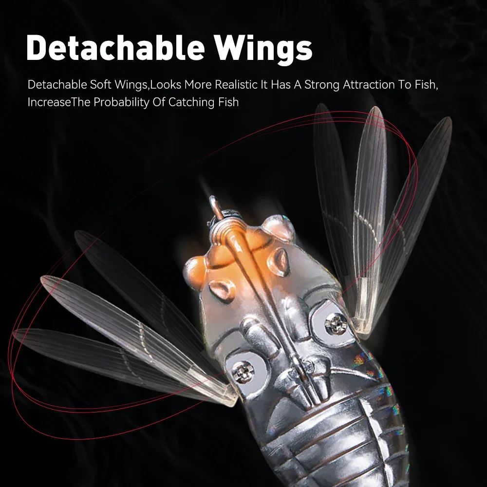 Señuelo de pesca Kingdom, cigarra biónica, 40mm, 5,5g, 55mm, 12,1g, cebo duro flotante Artificial sobre orugas, Lucio, cebos para insectos Topwater - imagen 5