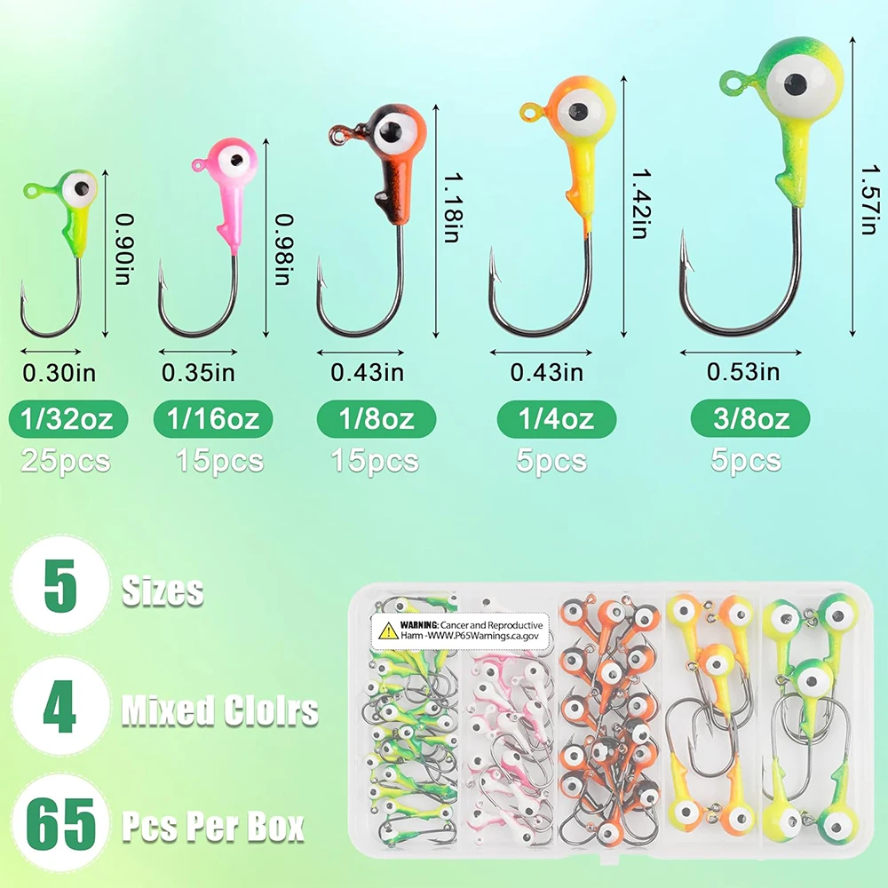 65Pcs Fishing Jig Head Hooks Kit Round Ball Head Fishing Jigs Hook Bass Lures Crappie Jig Heads for Trout Walleye Fishing Jigs - imagen 3
