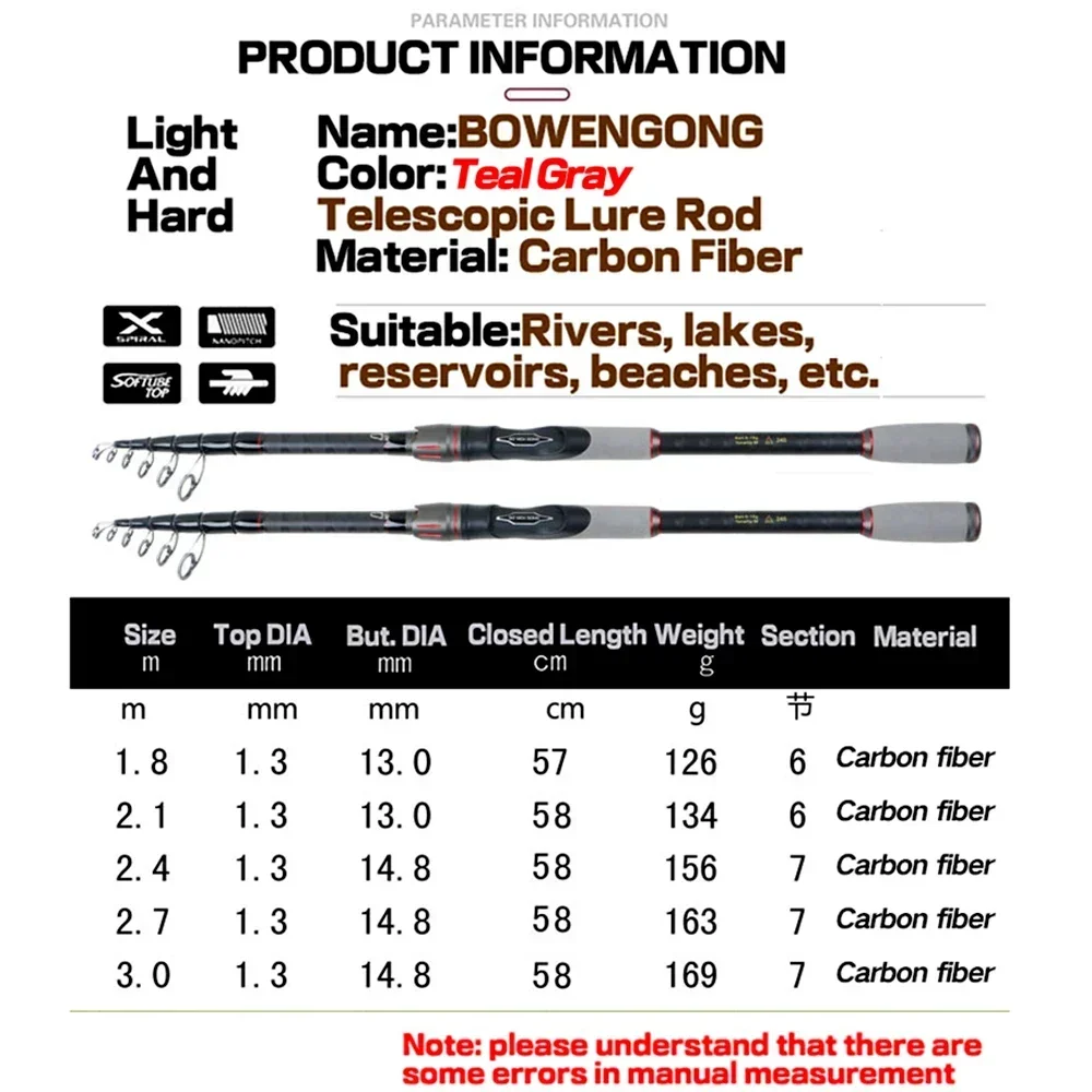 Caña de pescar giratoria telescópica, 1,8/2,1/2,4/2,7/3m, caña de pescar de carbono ultraligera con punta sólida M, peso de cebo de 8-18g para todas las aguas - imagen 5