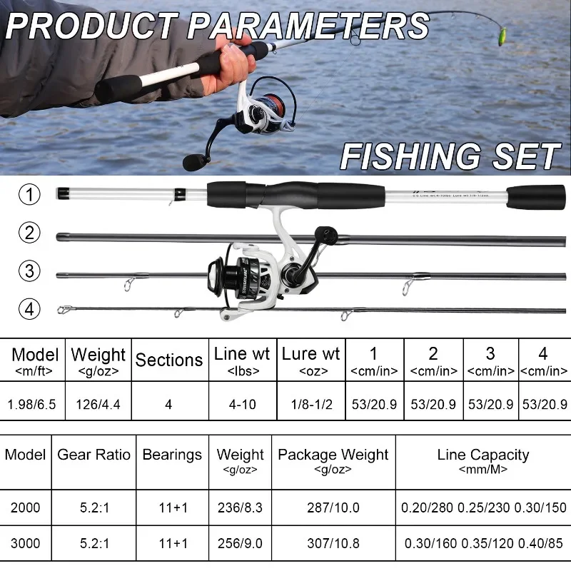 Sougayilang 1,98 m Kits completos de pesca 4 secciones caña de pescar giratoria y 5,2: 1 carrete de pesca y sedal señuelo gancho bolsa herramientas Combo - imagen 3