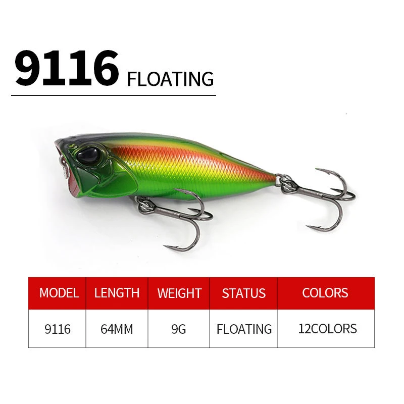 Popper-Señuelos de Pesca flotantes, cebo duro de 64mm, 9g, ojos 3D, Topwater, lubina, trucha, Lucio, Wobblers artificiales, aparejos de pesca de plástico - imagen 3