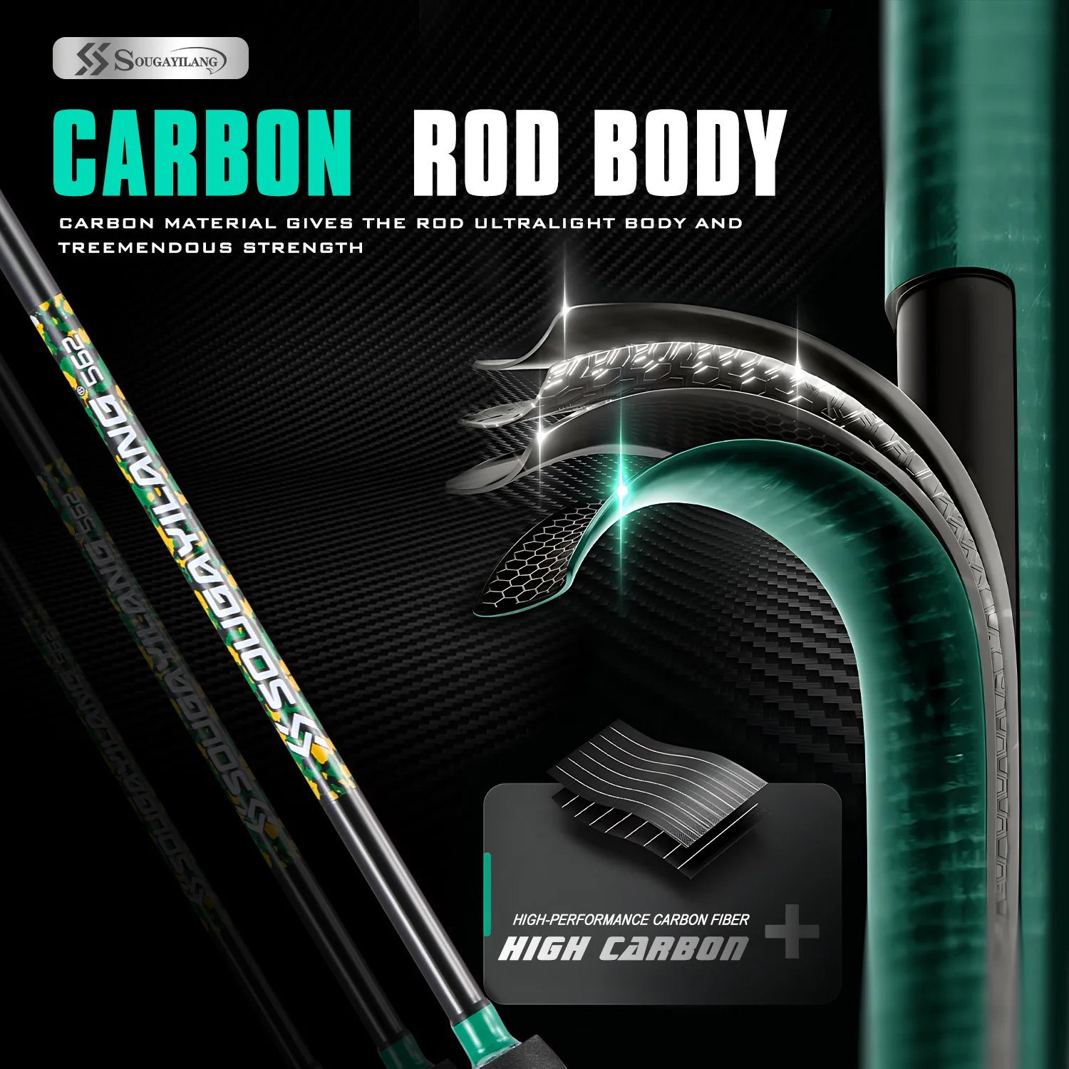 Caña Sougayilang Carbono 2 Secciones – Baitcasting y Spinning Lubina - imagen 4