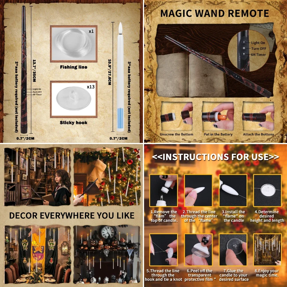 Velas LED flotantes sin llama con varita mágica, velas de ventana colgantes parpadeantes remotas, decoración de Navidad y Halloween, 8/12 piezas - imagen 4