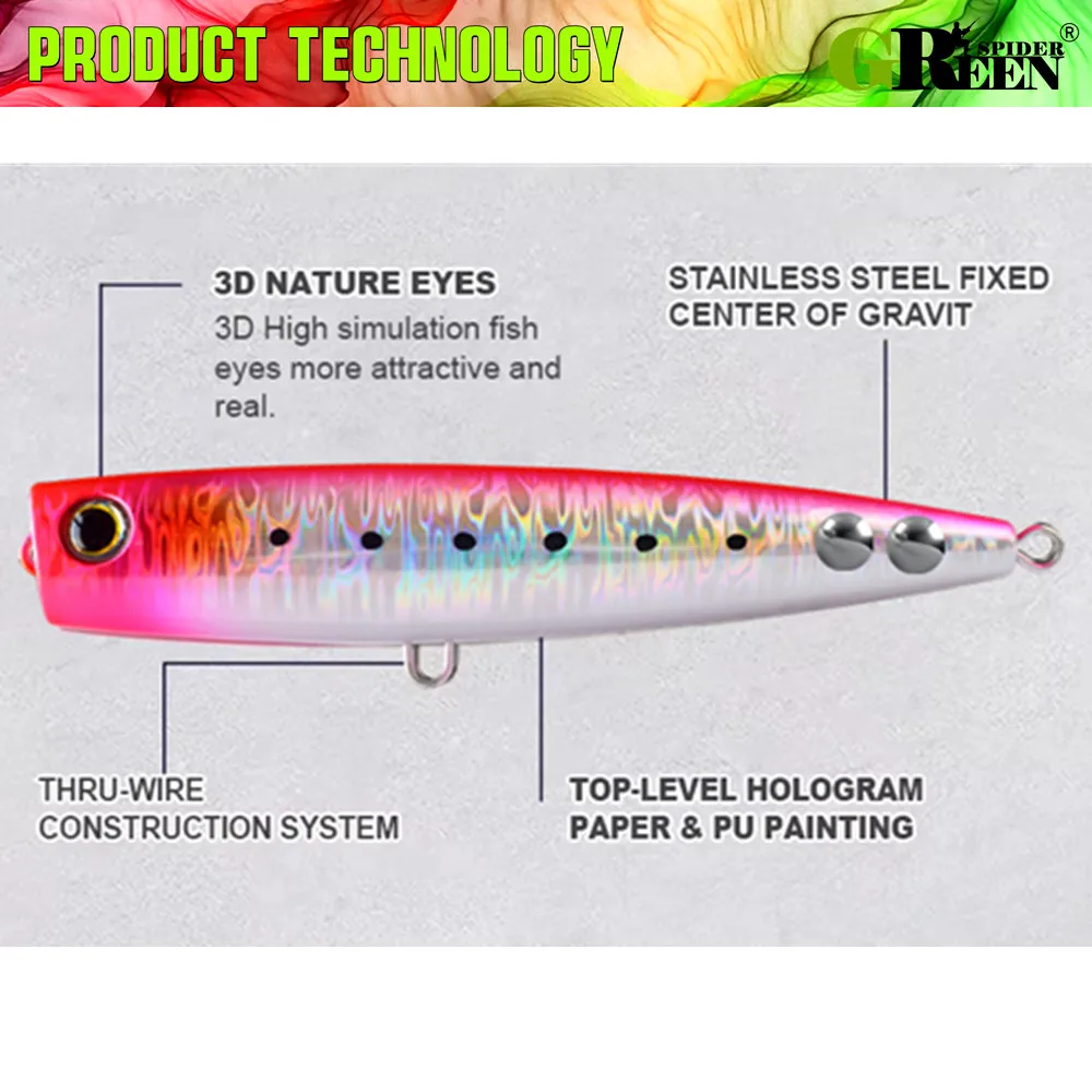 GREENSPIDER pesca en el océano Topwater Popper 130mm 40g cebo duro de agua de mar para GT atún flotante Wobbler anzuelos de agua de mar - imagen 3