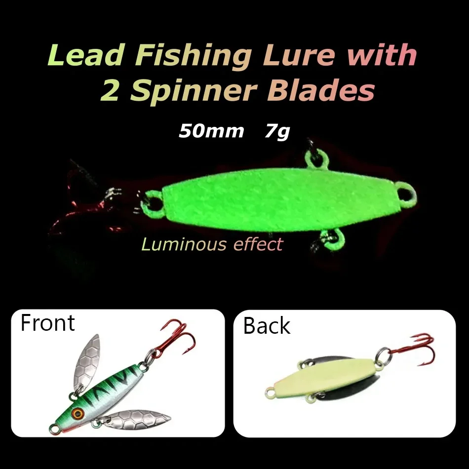 Plantilla de plomo curvada de 50mm y 7g, cuchillas giratorias dobles y anzuelo triple, cebo de fundición larga, acción realista, efecto luminoso que brilla en la oscuridad - imagen 3