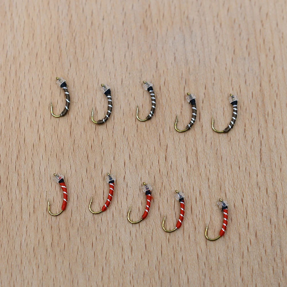 MNFT 10PCS 12 #   Cabeza dorada de latón rojo y marrónMidge moscas Pupa Larva Ninfa para pesca con mosca - imagen 2