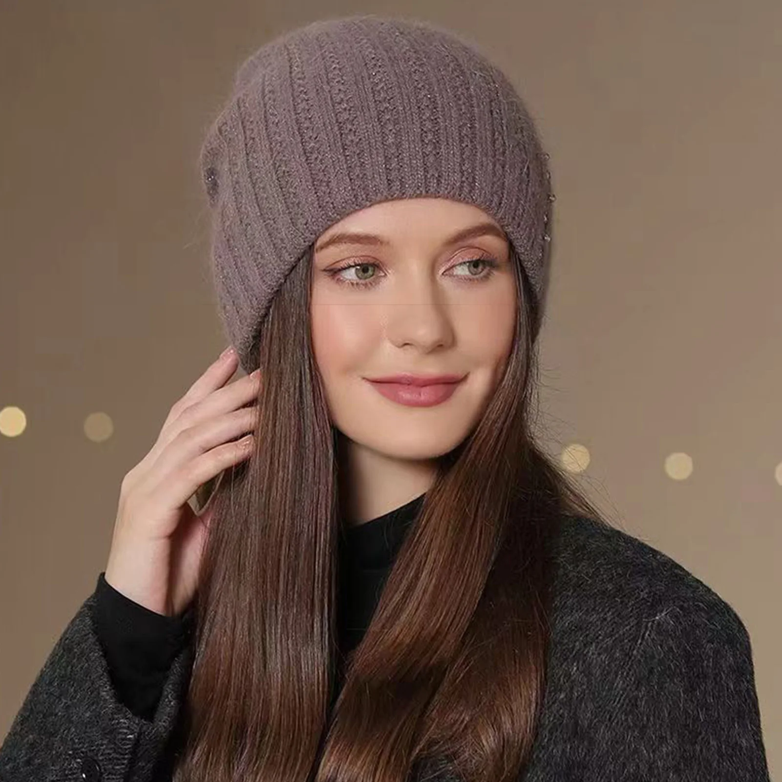 Gorro de ciclismo cálido para invierno, gorro de lana tejido con diamantes de imitación a la moda, gorro sin ala grueso a prueba de viento para exteriores para ciclismo - imagen 4
