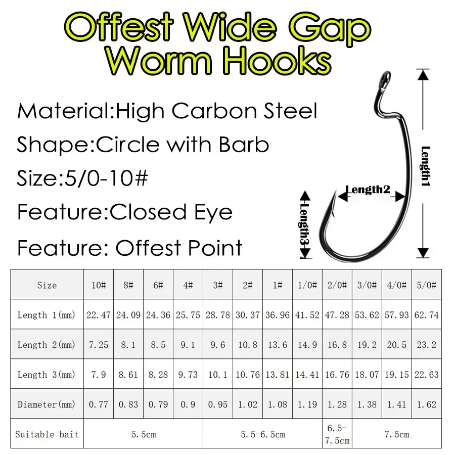 Anzuelo de gusano compensado para pesca, anzuelos de pesca compensados, anzuelos de gusano compensados de curva redonda, anzuelos de espacio ancho con plantillas de vástago de púas - imagen 4