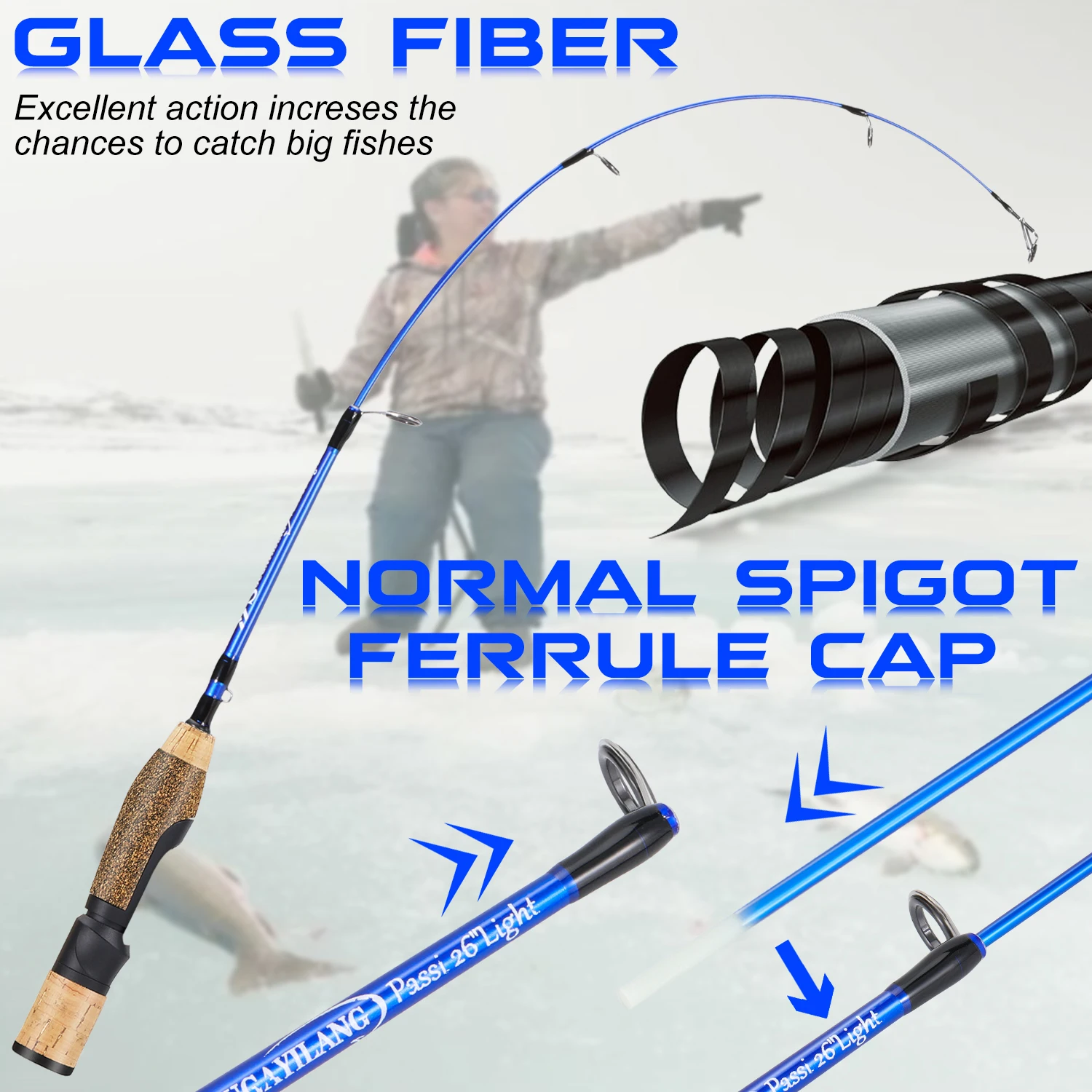 Caña de pescar en hielo Sougayilang, mango antideslizante de corcho, caña de pescar de carpa y camarones de río, 66cm, 71cm, Mini caña de pescar de invierno de 2 secciones - imagen 4