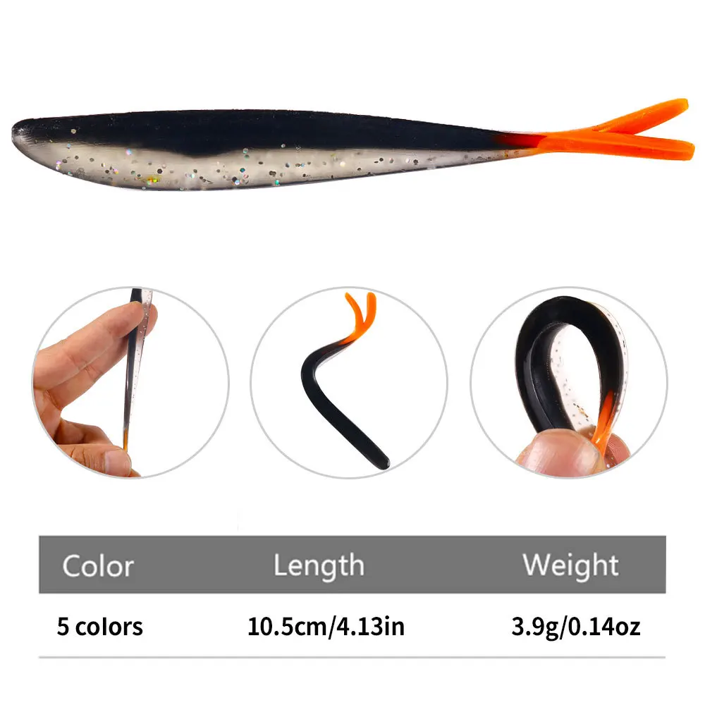 5 unidades de cebo de gusano de pececillo negro Jerk Shad, 10,5 cm, tiro de gota, señuelo de pez de silicona suave, pesca en agua salada, aparejos de Jigging Wobbler - imagen 3