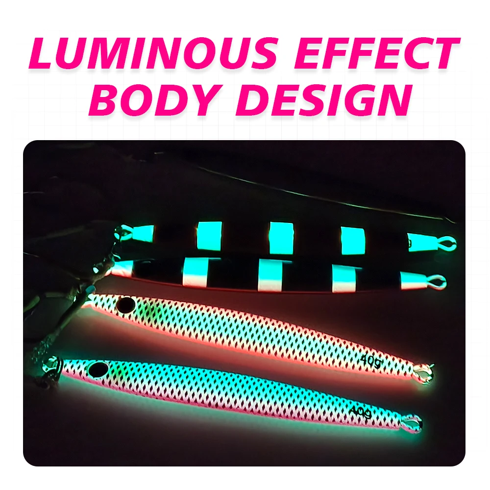 TOLU 2024 nuevo 40g/60g/80g hundimiento rápido señuelo de pesca Jigging recubrimiento de papel láser plantilla luminosa señuelo pesca en mar Trolling Jigging - imagen 5