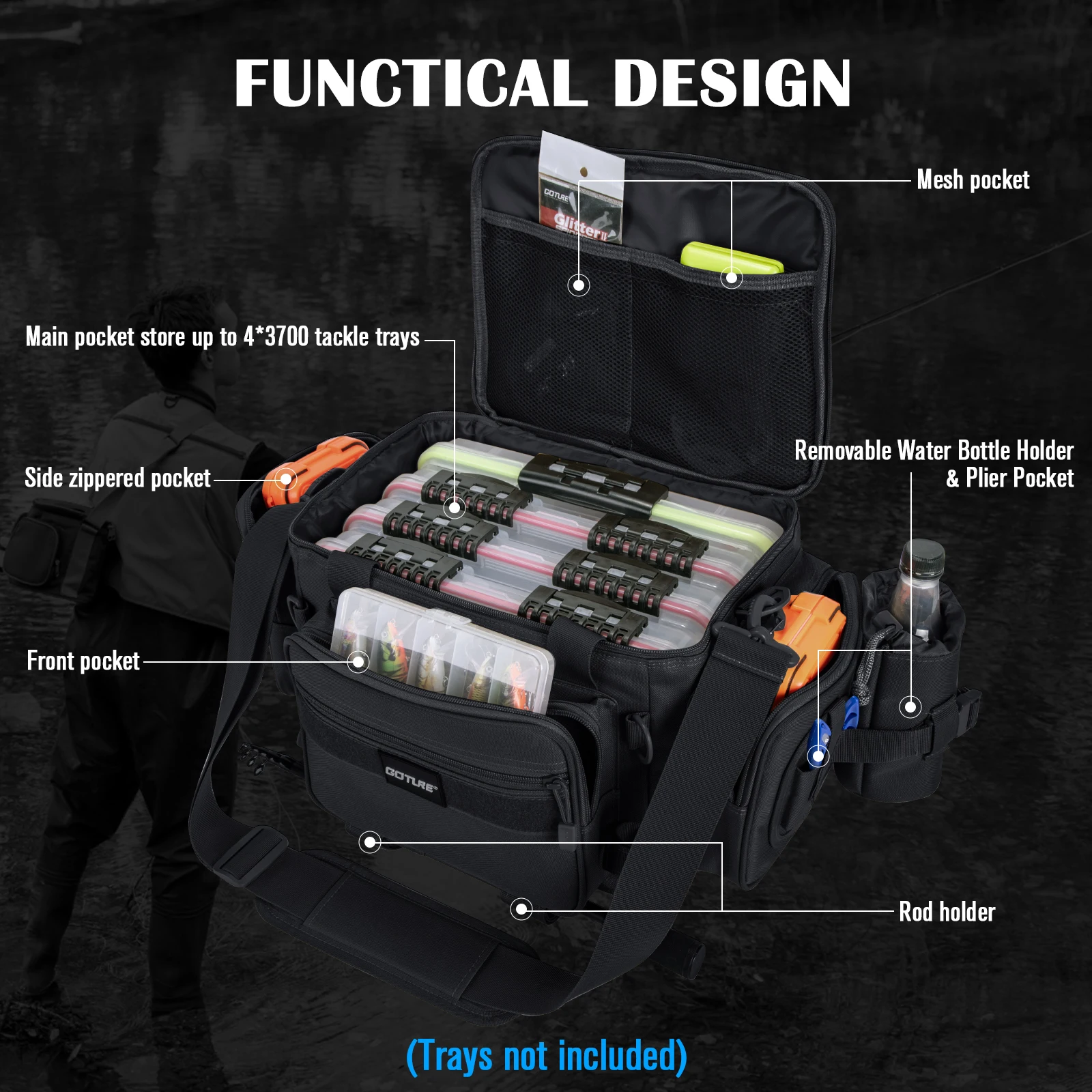 Goture-mochila impermeable para pesca con mosca, bolsa de almacenamiento de equipo de pesca, 45x30x24cm, bolsa de aparejos de pesca de calidad, paquete de caja de señuelos Oxford 600D - imagen 2