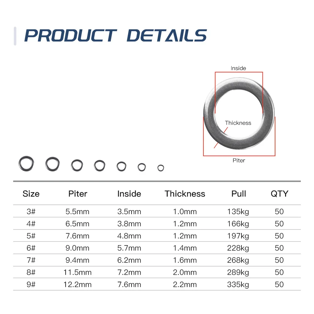 Noeby-anzuelos de conexión para agua salada, aparejos de pesca de 50 piezas, anillo sólido inoxidable de alta resistencia, 335kg - imagen 4