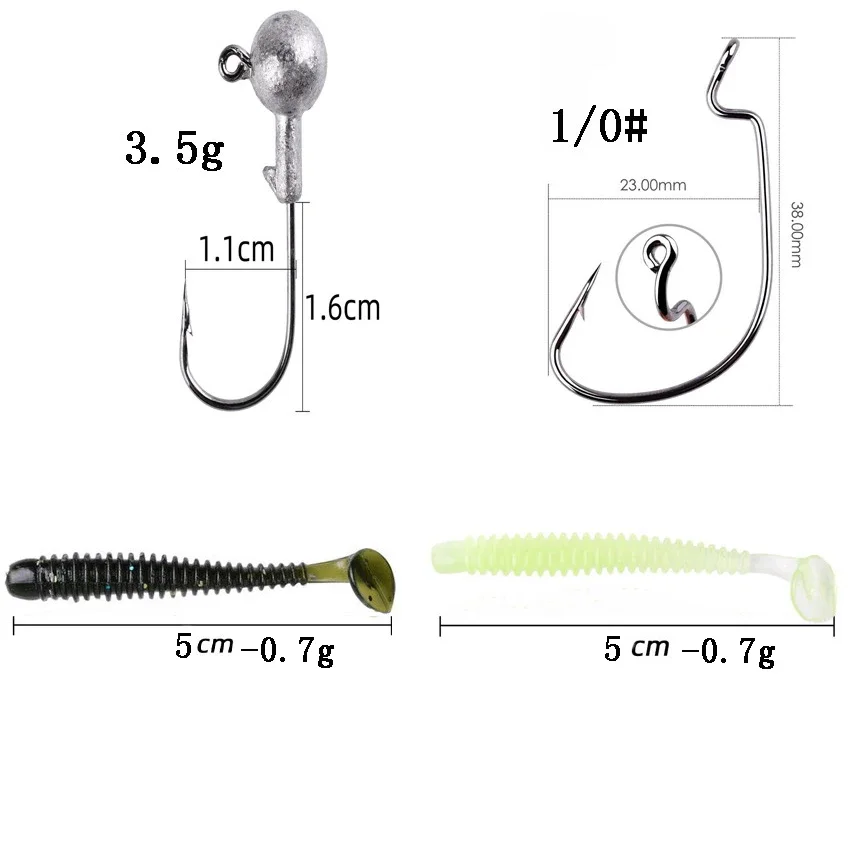 60 unids/lote Kit de señuelos blandos juego de Señuelos de Pesca blandos 5cm 0,7g juego de anzuelos con cabeza de anzuelo 1,6 cm 3,5g anzuelos de Pesca con manivela aparejos de Pesca - imagen 4