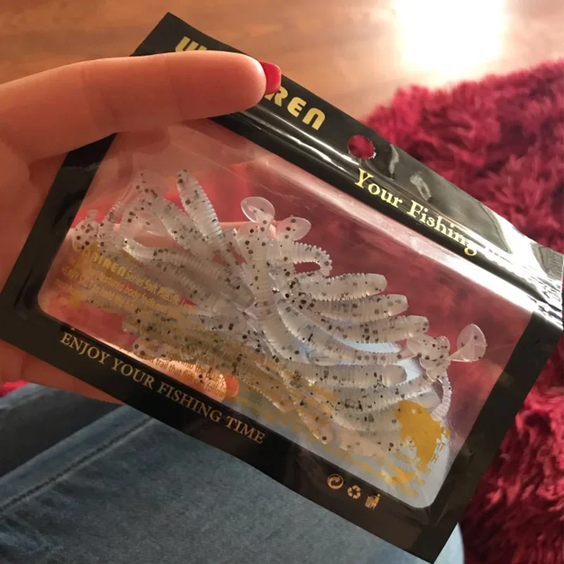 20 piezas gusanos de Pesca, señuelos blandos, 4,8 cm, 0,8g, cebo Artificial de silicona, Jig Wobblers con cola en T en espiral, Swimbaits, carpa, lubina, Pesca - imagen 3