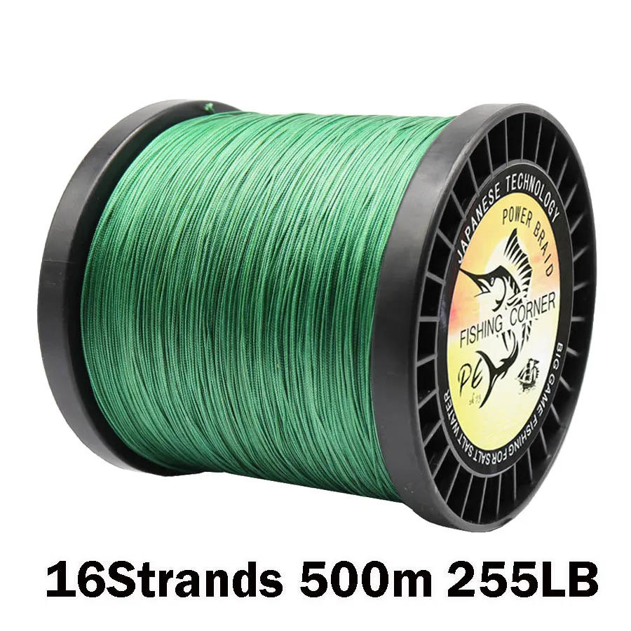 Línea de pesca trenzada multifilamento de 16 hebras, 500m, 255LB, alambre de pesca de atún para pesca en agua salada de mar