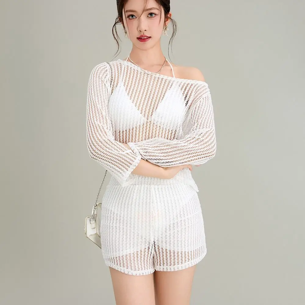 Traje de baño suelto de manga larga, jersey, ropa de playa, traje de baño de punto de ganchillo, ropa de playa calada, conjunto de tres piezas, traje de baño - imagen 5