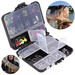 Juego de accesorios de pesca incl. Anzuelo de plantilla, pesas de plomo para pesca de lubina, varios broches de remolino de pesca, toboganes de plomada con caja
