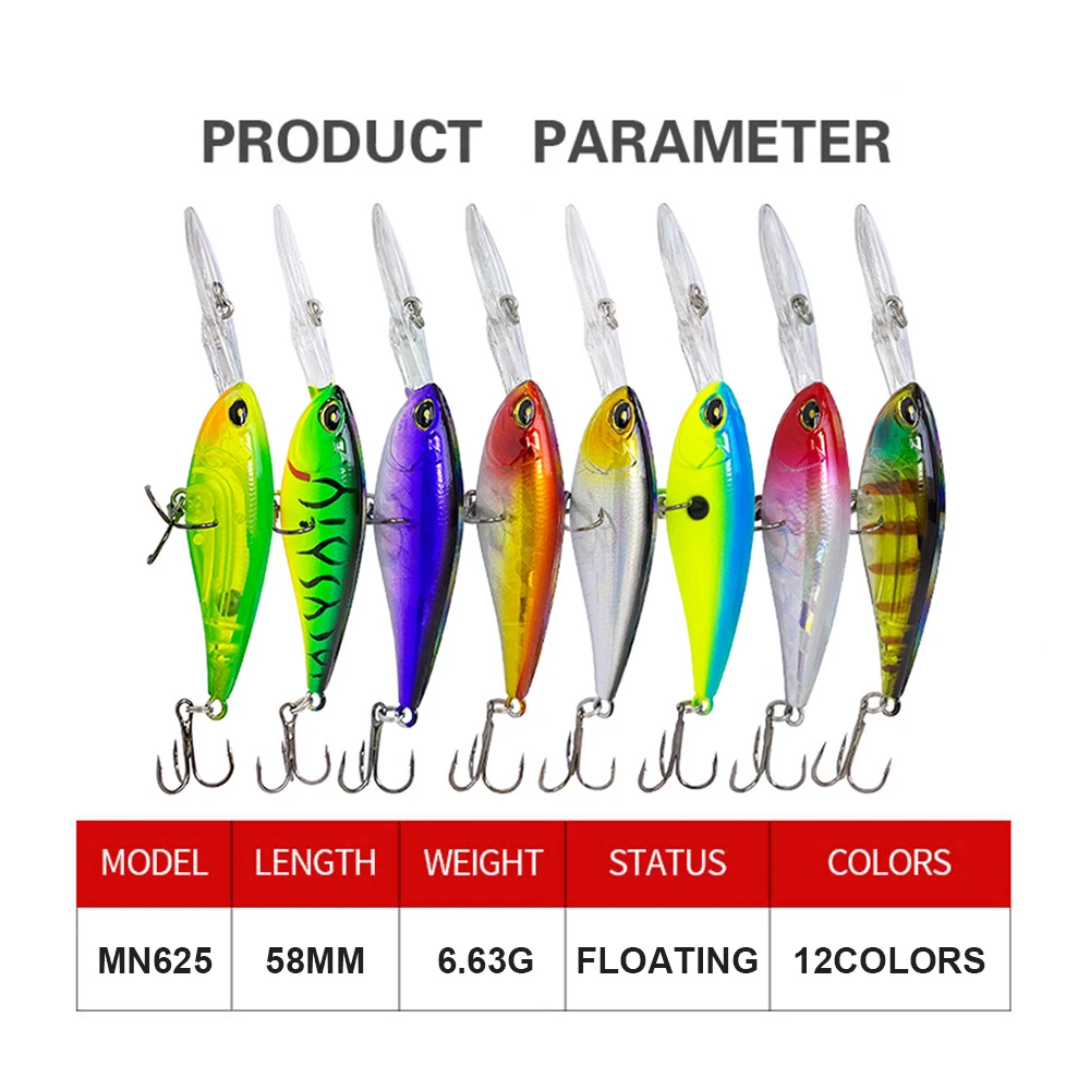 Señuelos de pesca flotantes de 5,8 cm y 6,63g, Wobbler de pececillo de fundición larga para buceo profundo, cebo duro Artificial Jerkbait para trucha y lubina MN625 - imagen 4