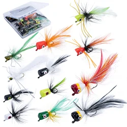 Goture 16/18/34/46 Uds Kit de Señuelos Popper de Pesca con Mosca, moscas de pesca con mosca seca Poppe coloridas Topwater con anzuelos para trucha lubina