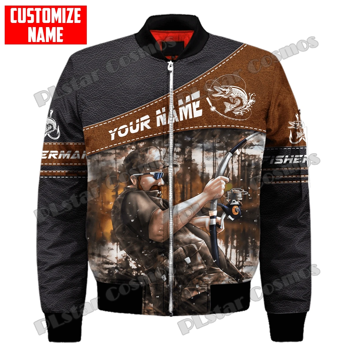 Chaqueta Bomber de invierno para hombre, pesca de lubina y Marlin, nombre personalizado, estampado 3D, abrigo grueso con cremallera y bolsillo, chaqueta cálida informal Unisex con cremallera FX-13 - imagen 2