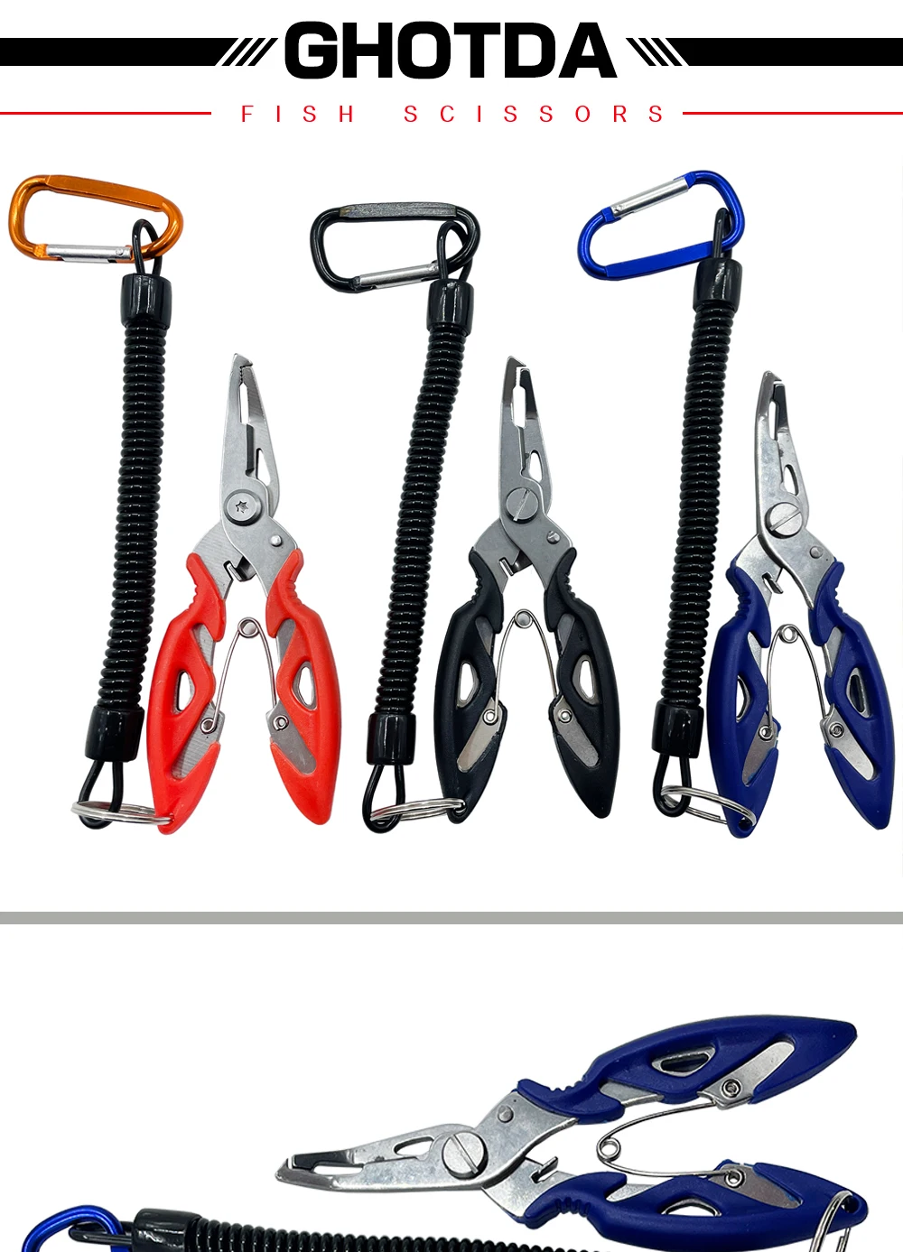 Tijeras de pescado compactas y versátiles con manijas duraderas y camaroneros para transportar fácilmente