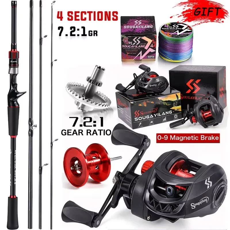 Caña de baitcasting Sougayilang 2,1m fibra carbono relación 7,2:1