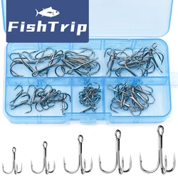 FishTrip 2X juego de anzuelos triples fuertes 50-150 Uds anzuelo de pesca soporte de señuelo aguja afilada de alto carbono anzuelo Triple para agua salada lubina